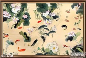 Tranh  vẽ các chép và hoa sen trang trí giấy dán tường