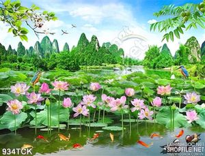 Tranh phong cảnh hoa sen và cá chép 3d
