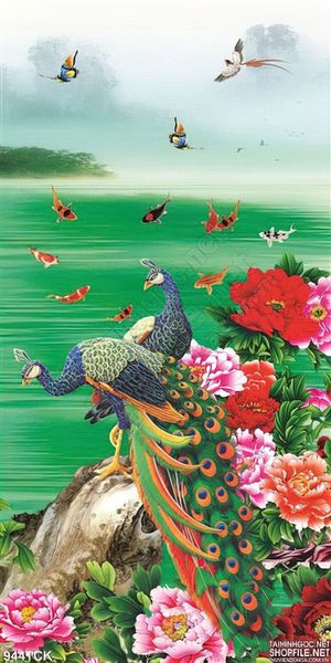 Tranh khổ dọc chim công và cá chép