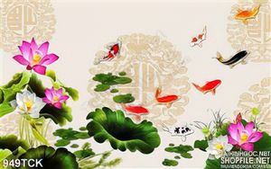 Tranh hoa sen và cá chép đẹp in uv wall 3d