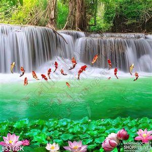 Tranh thác nước và cá chép nhảy lên 3d