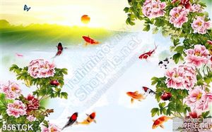 Tranh hoa mẫu đơn và cá chép bơi lội 3d