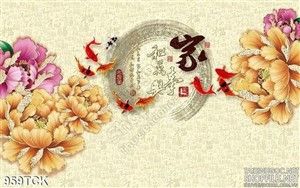 Tranh hoa mẫu đơn và cá chép bơi lội ấn tượng