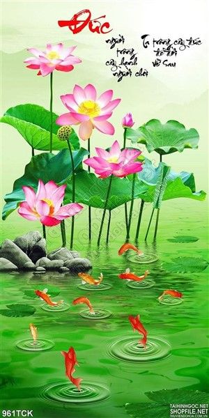 Tranh khổ dọc chữ đức hoa sen và cá chép