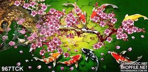 Tranh sơn dầu cá chép và hoa đào