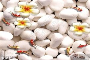 Tranh  đá sỏi trắng và cá chép đẹp bơi lội 3d in uv