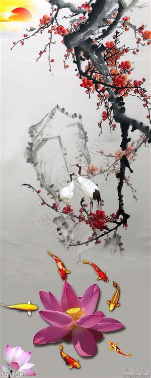 Tranh hoa sen và cành đào đẹp