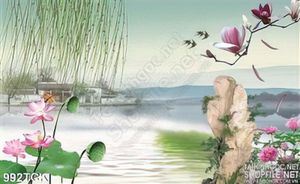 Tranh hoa sen và ngôi nhà và hồ nước psd wall