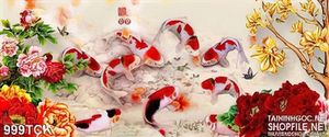 Tranh cá chép đẹp hoa mẫu đơn