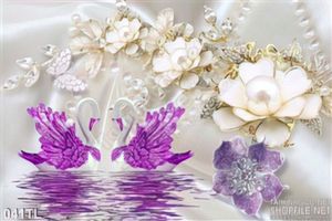 Tranh lụa 3D chim thiên nga và hoa