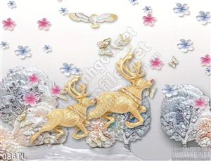 Tranh lụa 3D tuần lộc và hoa đẹp