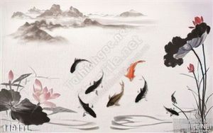 Tranh thư pháp cá chép và hoa sen