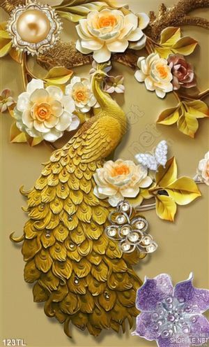 Tranh lụa 3D chim công và hoa hồng