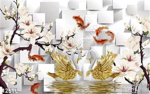 Tranh lụa 3D hoa đào và thiên nga