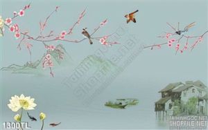 Tranh hoa đào và chim én mùa xuân
