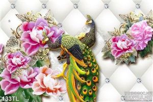 Tranh lụa 3D chim công và hoa giả ngọc