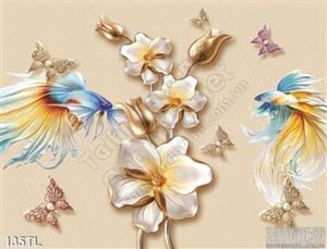 Tranh lụa 3D hoa và cá