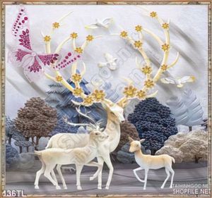 Tranh lụa 3D hươu và cây