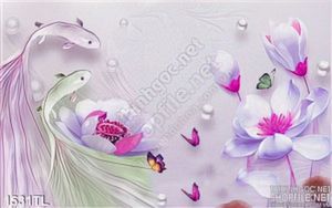 Tranh lụa 3D cá và hoa trang trí phòng khách đẹp
