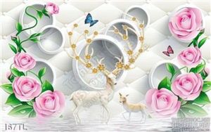 Tranh lụa 3D hoa hồng và hươu