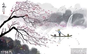Tranh thư pháp hoa đào mùa xuân