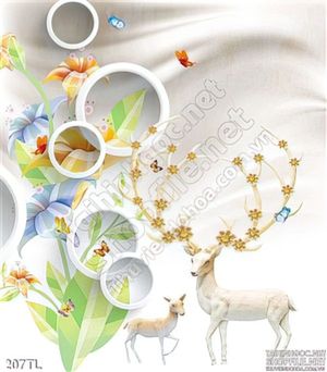 Tranh lụa 3D hươu và hoa trang trí