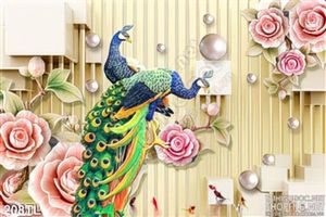 Tranh lụa 3D chim công và hoa hồng