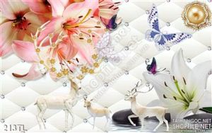 Tranh lụa 3D hoa tulip và hươu