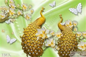 Tranh lụa 3D chim công dát vàng