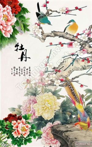 Tranh thư pháp phong thủy hoa mẫu đơn
