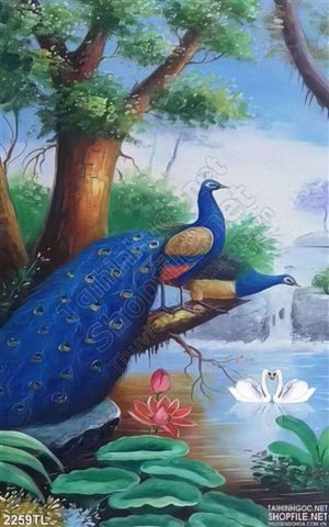 Tranh sơn dầu chim công và chim thiên nga