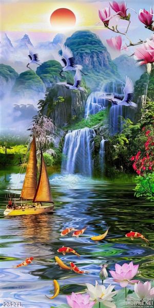 Tranh thác nước phòng thủy trang phòng khách