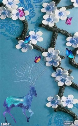 Tranh 3D điêu khắc hoa mai và hươu trang trí tường