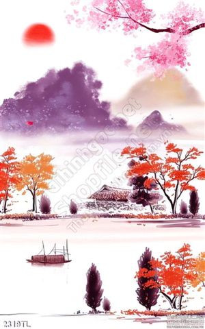 Tranh màu nước làng quê trang trí tường đẹp