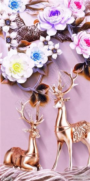Tranh 3D hươu nai và hoa hồng trang trí tường đẹp