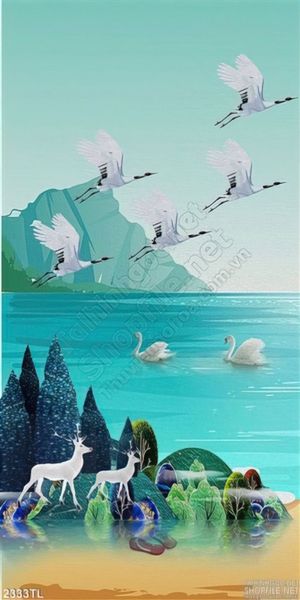 Tranh trang trí hươu và thiên nga đẹp độc đáo