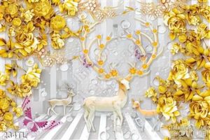 Tranh lụa 3D hươu và hoa hồng àng