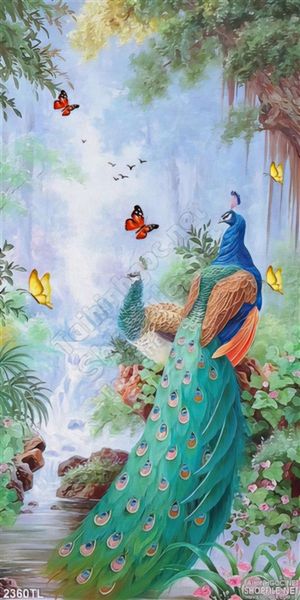 Tranh sơn dầu chim công trong rừng trang trí tường đẹp