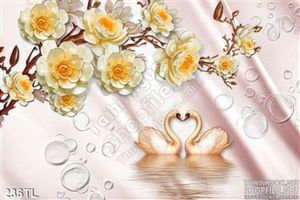 Tranh lụa 3D hoa hồng và chim thiên nga