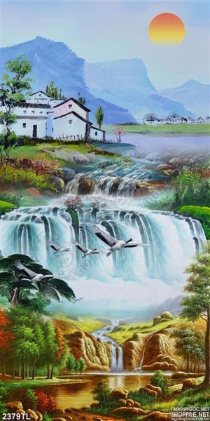 Tranh sơn dầu phong thủy thác nước treo tường