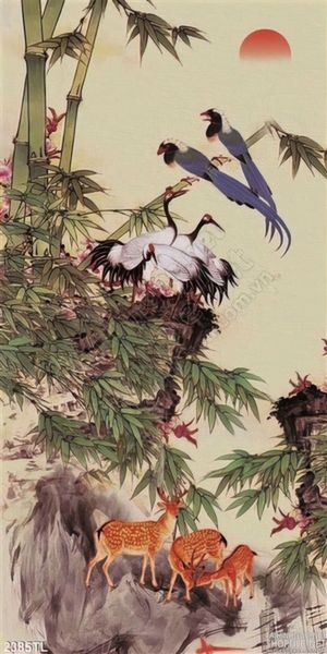 Tranh thư pháp hươu nai và chim Hạc