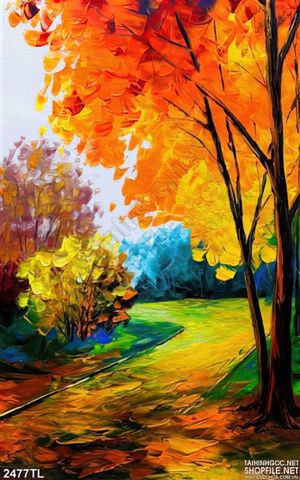 Tranh màu nước con đường màu thu