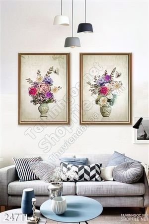Tranh lụa 3D bình hoa treo tường phòng khách