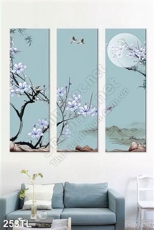 Tranh lụa 3D bình hoa mai trang trí