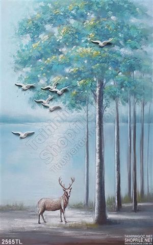 Tranh sơn dầu hươu và cây trang trí phòng