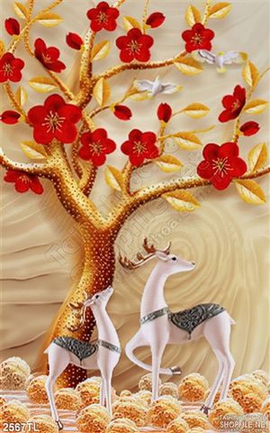 Tranh điêu khắc hươu và hoa đào treo tường đẹp nhất