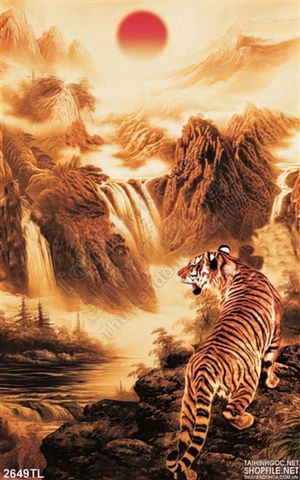 Tranh phong thủy thác nước và hổ