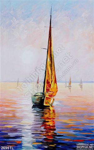 Tranh sơn dầu con thuyền trên biển trang trí tường
