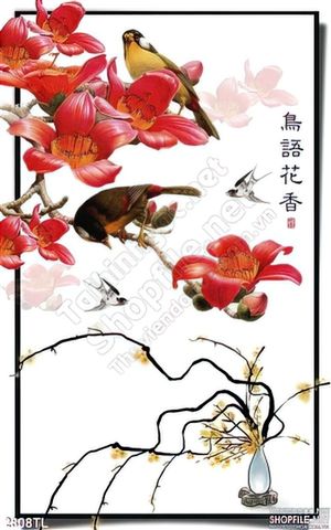 Tranh thư pháp hoa và chim sẻ treo tường đẹp