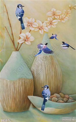 Tranh sơn dầu bình hoa và chim yến